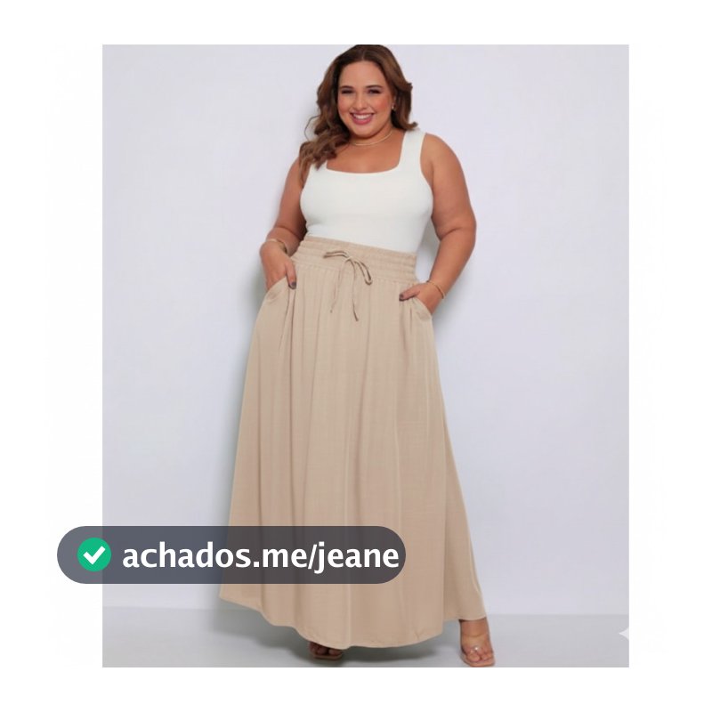 Saia Longa Plus Size Viscolinho Cintura Alta com Bolsos e Fendas Laterais