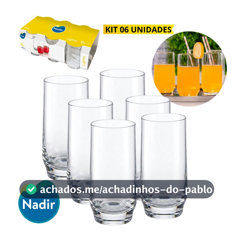 Jogo 6 Copos Lights Vidro Suco Água Cerveja 300ml Nadir