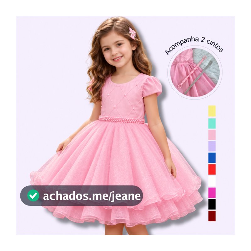 Vestido Infantil Juvenil Princesa Curto Pérola Festa Luxo Saia De Brilho