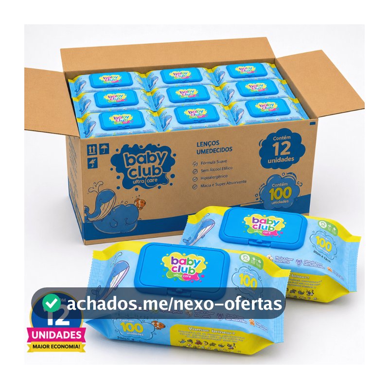Kit 1200 Lenço Umedecido Baby Club Com Aloe Vera Caixa Com 12 Pacotes de 100 Toalhas Pack Econômico