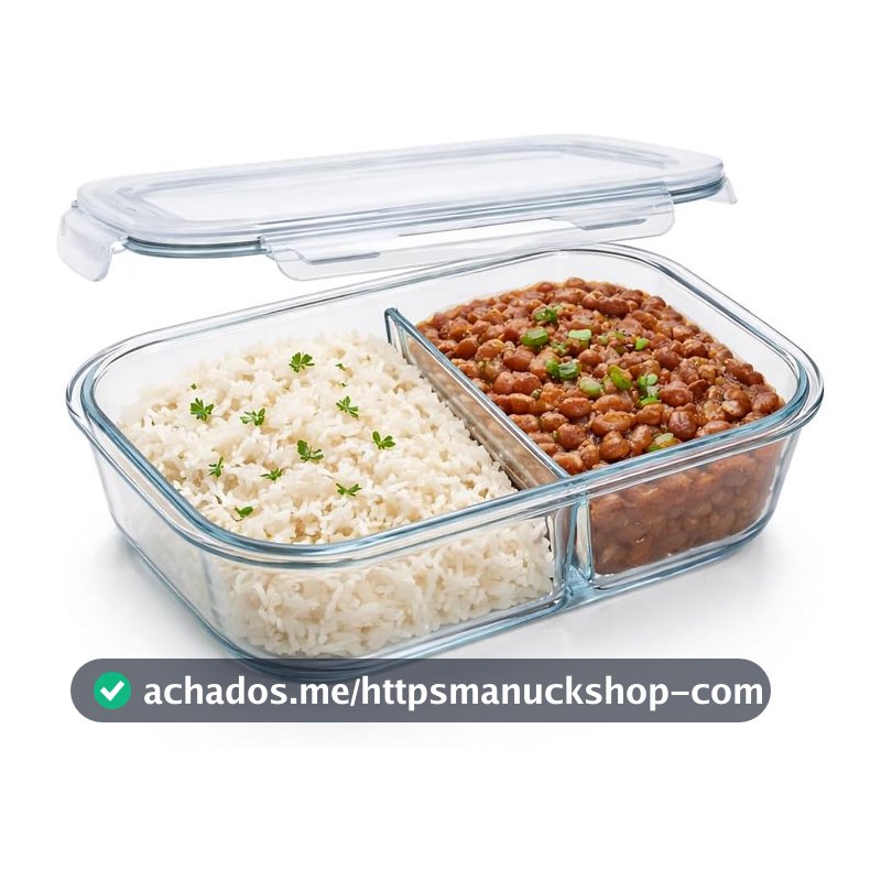 Pote Marmita de Vidro Borossilicato com Divisória | Pote Hermético 2 Compartimentos, 1040ml, 18x13,5x6cm
