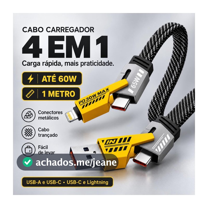Cabo Carregador 4 em 1 Turbo 65W/30W USB-C Tipo C USB-A Lightning Nylon Trançado 1m Peining