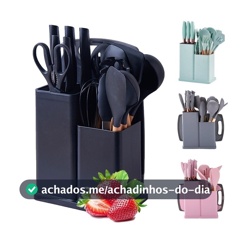 Kit Completo Jogo de Cozinha Luxo 19 Peças Com Tábua em Silicone Espátula Faca Tesoura Utensílios