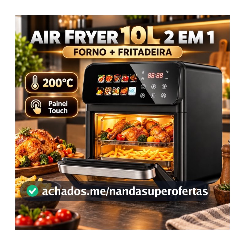 Air Fryer Forno Elétrica 10L 2 em 1 Sem Óleo | Fritadeira e Forno Multifuncional com Painel Touch, 10 Modos -D15