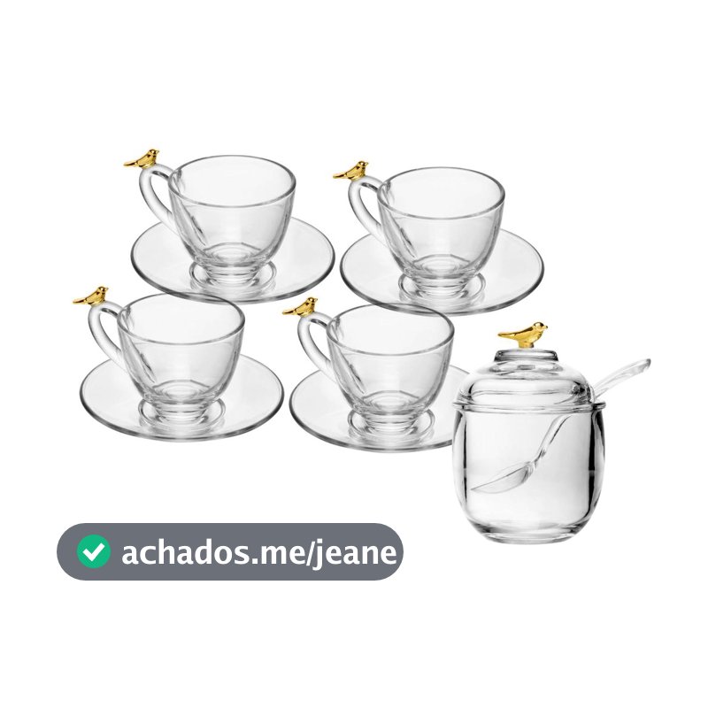 Conjunto 4 Xícaras de Chá 180ml com Pires e açucareiro Golden Bird Cristal Ecológico - Wolff