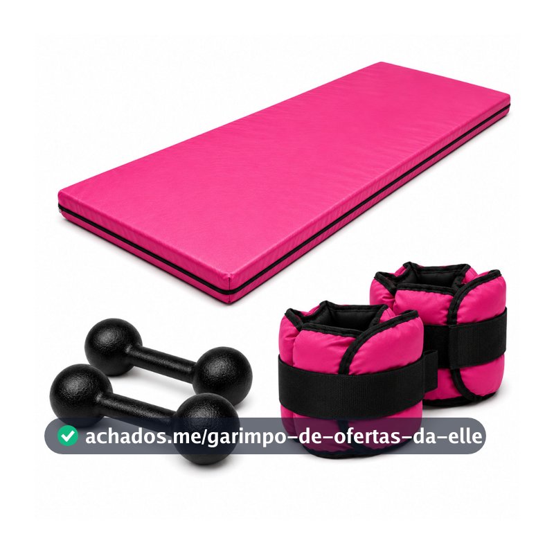 KIT FITNESS COMPLETO COLCHONETE ROSA + PAR 1KG HALTER BOLA + PAR 1KG CANELEIRA ROSA | TREINO EM CASA OU ACADEMIA TL