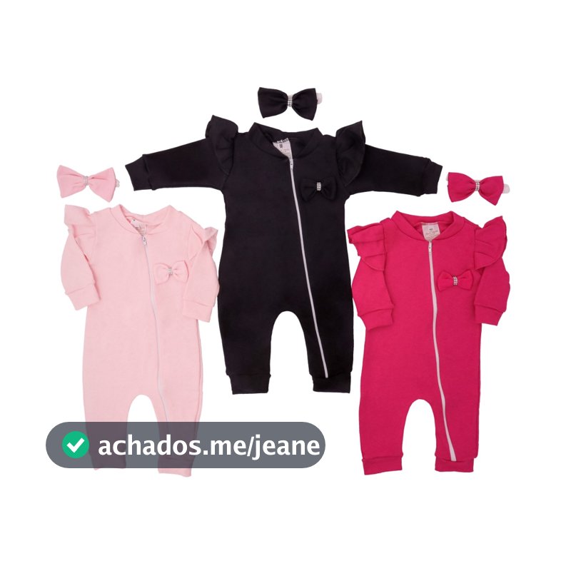 Macacão de Zíper para Bebê Menina Detalhe Lacinho e Babadinhos com Faixinha de Cabelo Moda Infantil