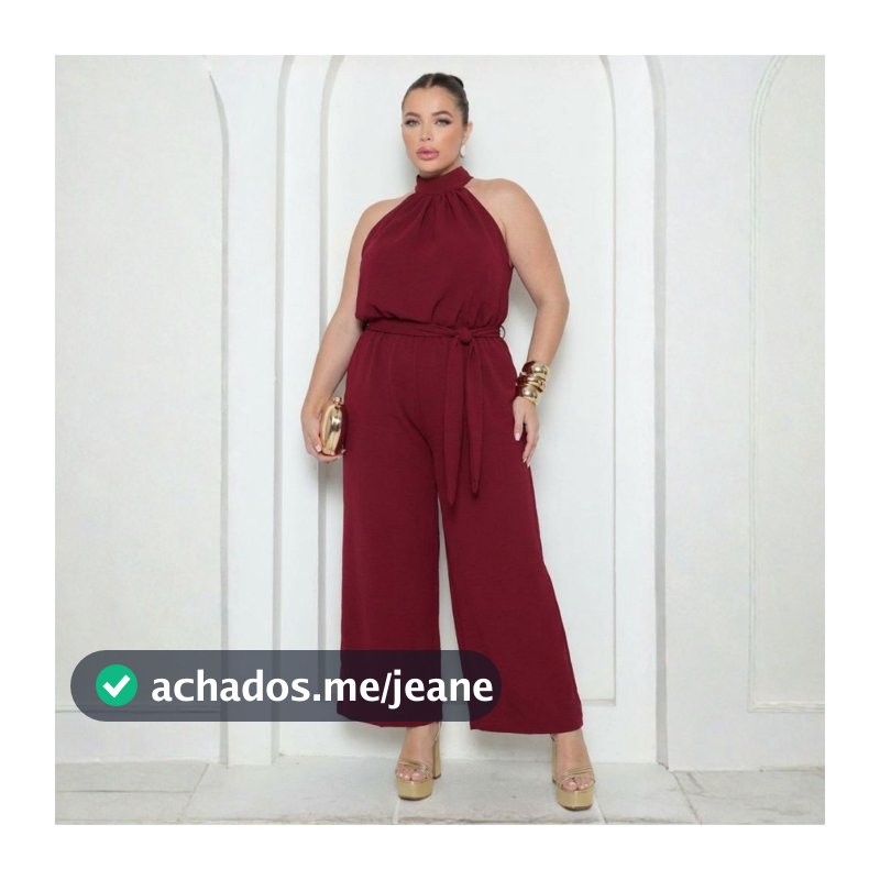 Macacão Pantalona Feminino Plus Size Tecido Duna Amarração na Cintura Casual Elegante