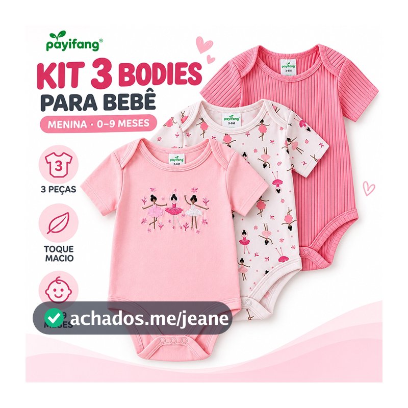 Kit 3 Bodies Bebê Menina Manga Curta Estampado Bailarina Tecido Macio Roupa Infantil 0-9 Meses