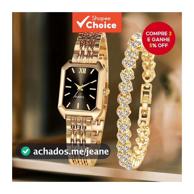 Relógio de Pulso Feminino Retangular de Quartzo com Pulseira de Strass Conjunto de Pulseira com Mostrador Romano
