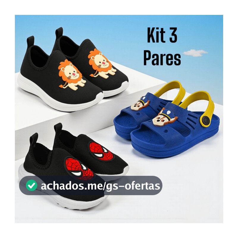 Kit 3 Pares Tênis Infantil Menino Confortável Desenhos Divertido e Sandália Babuche Macia Casual