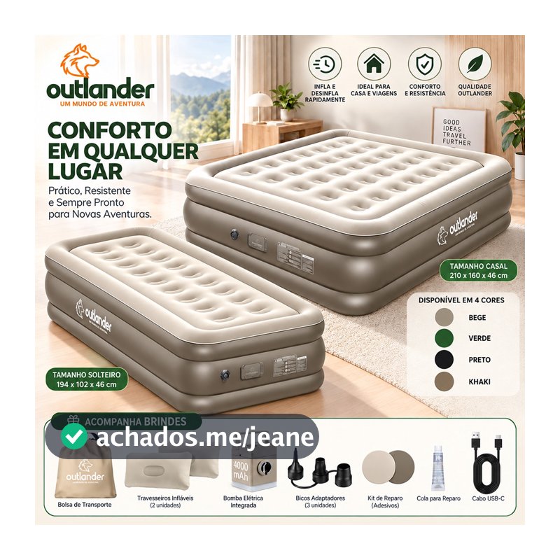 Colchão Inflável Solteiro Queen King com Bomba Elétrica Recarregável 4000mAh para Camping e Casa