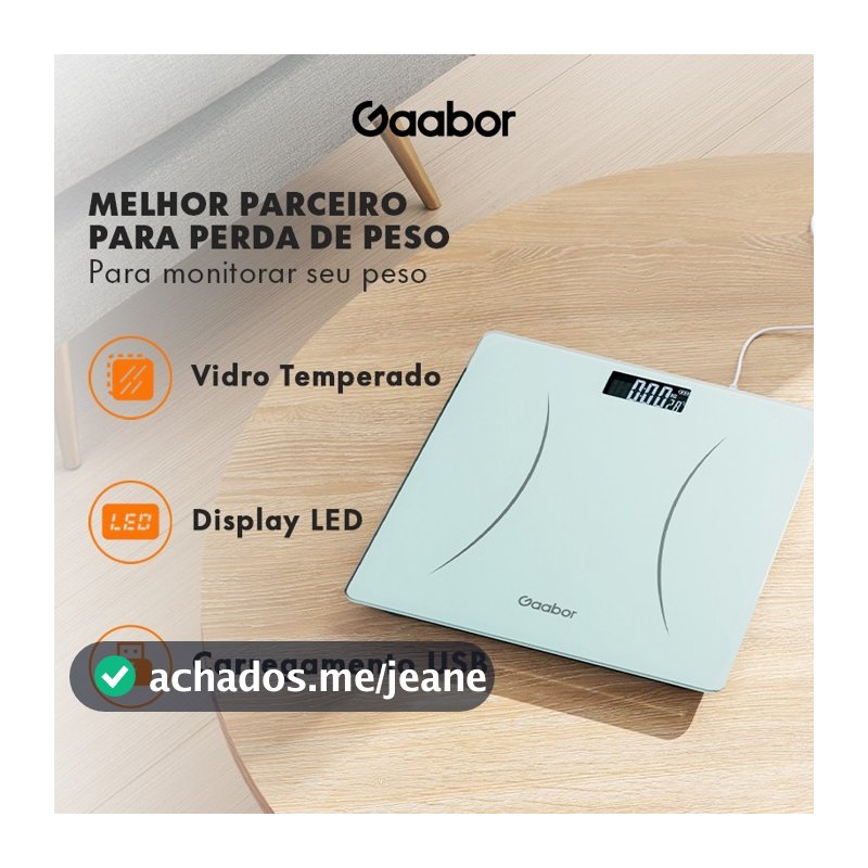 Gaabor Balança Digital até 180kg LED HD Vidro Temperado USB Verde GWS-M01A
