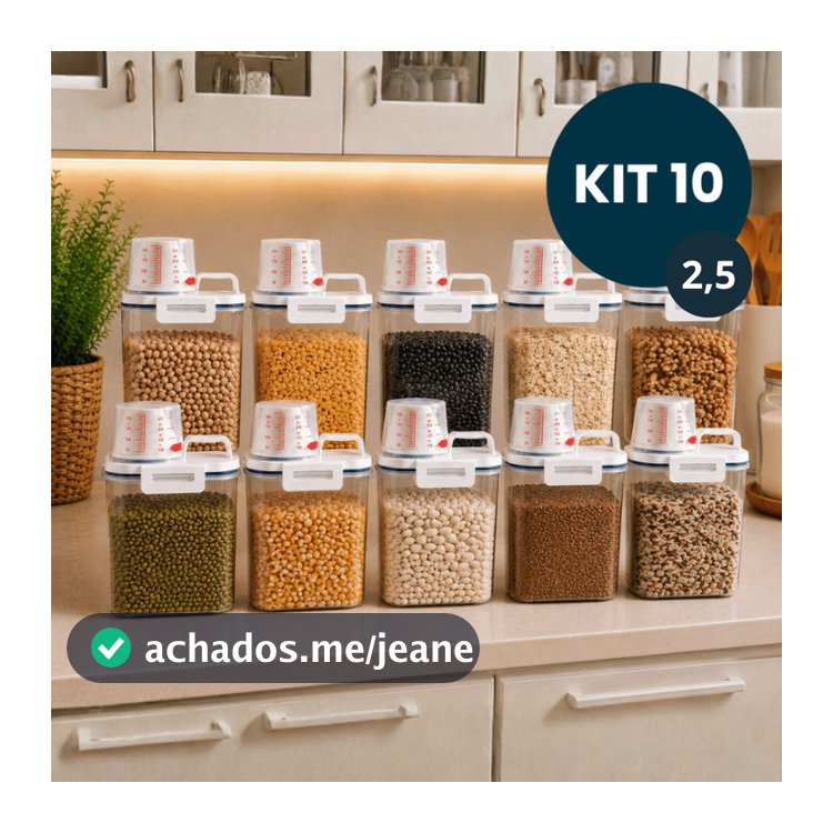 - Kit 10 Pote Hermético Para Alimento Mantimento Arroz Pet Ração Copo Medidor Bico Dosador Tampa 2,5 L