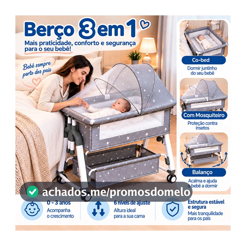 Berço Portátil Mosquiteiro Berço portátil multifuncional móvel e dobrável para bebê Cinza 50kg P18