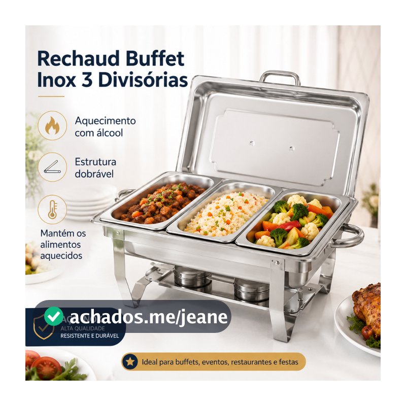 Rechaud Inox Buffet 11L 3 Cubas Aquecedor de Comida Banho Maria Profissional para Restaurante Hotel Festa Evento