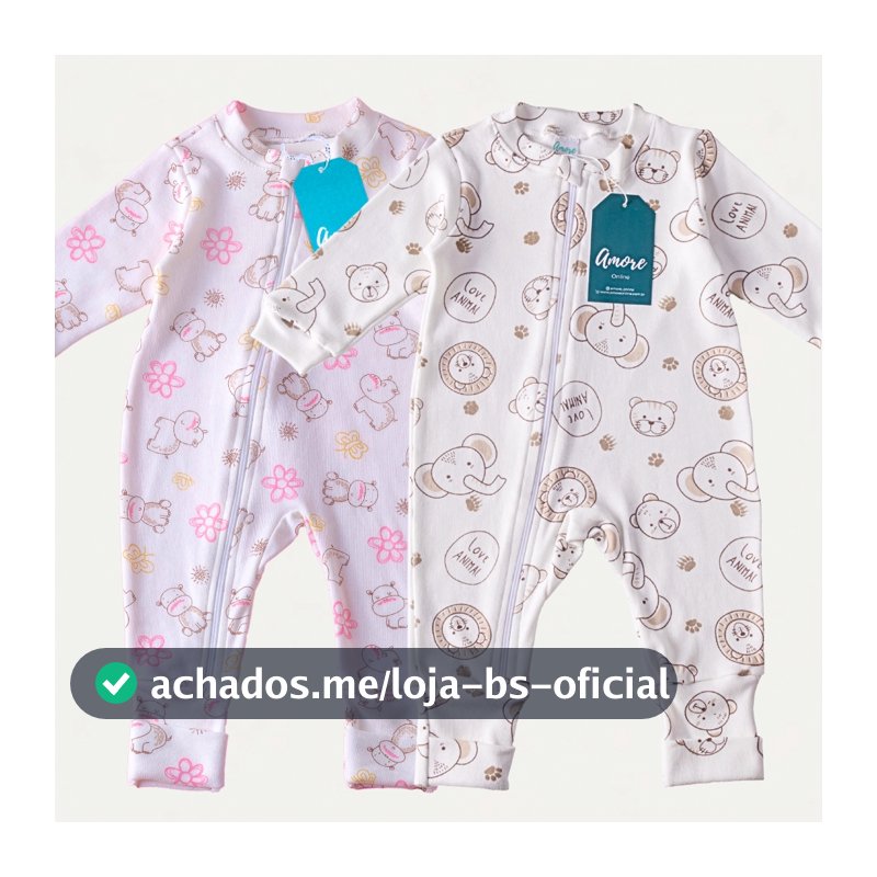 Roupa Bebê Macacão Amore Vira Pé Estampado com Zíper Menina Menino Confortável 100% Algodão
