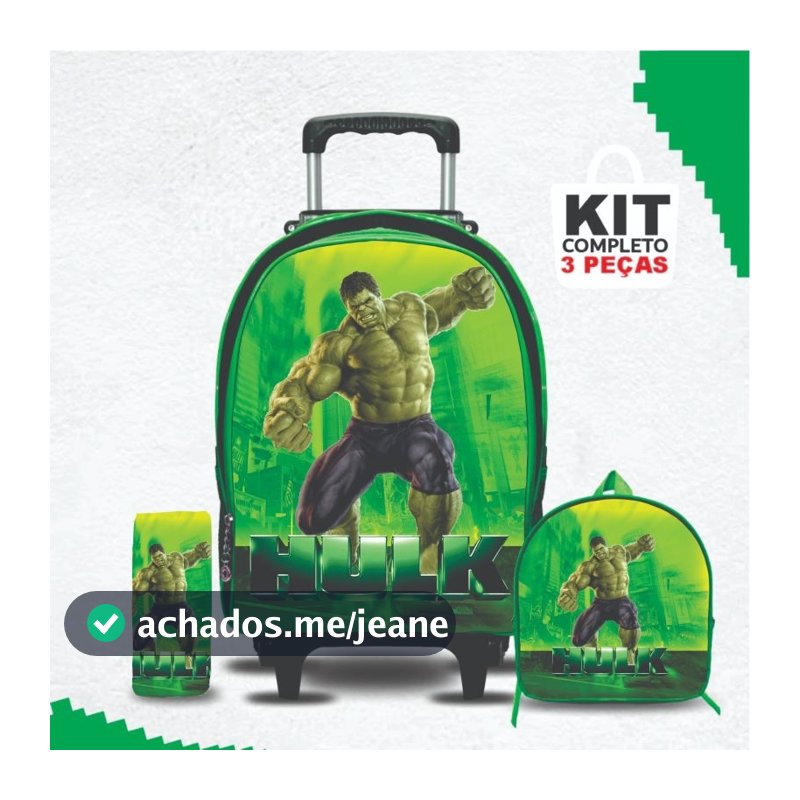 Kit mochila escolar Hulk com lancheira e Estojo -Carrinho com Rodinhas - Menino - Masculino