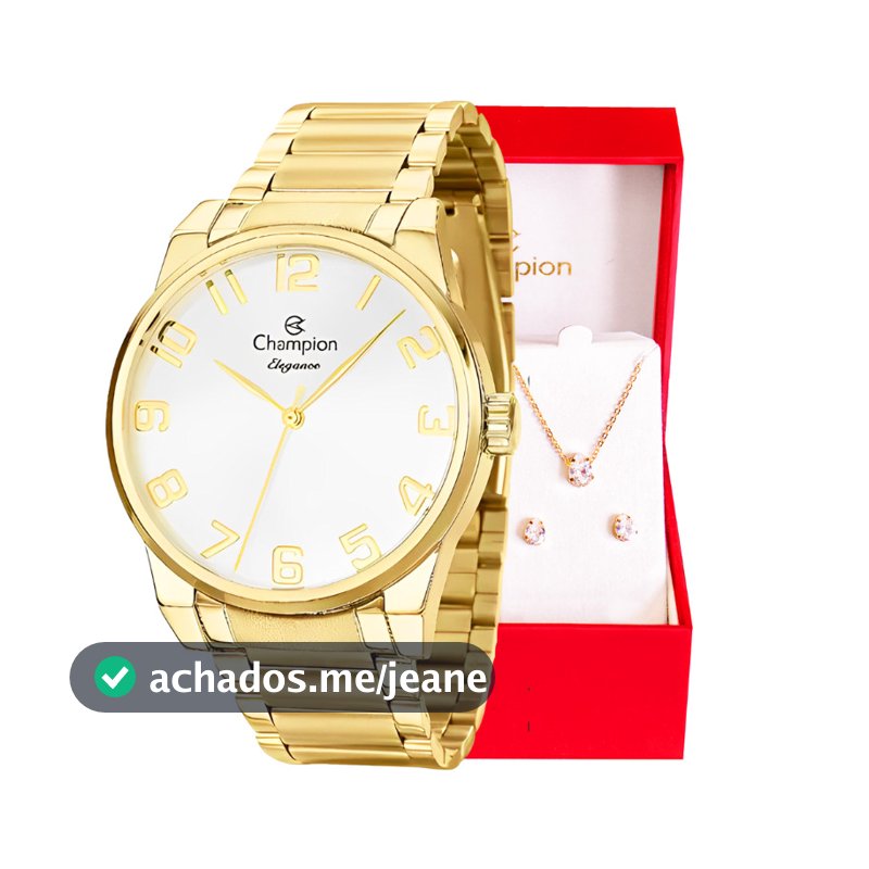 Relógio Champion Feminino Elegance Dourado Original CN27652W + kit brincos e colar dourado