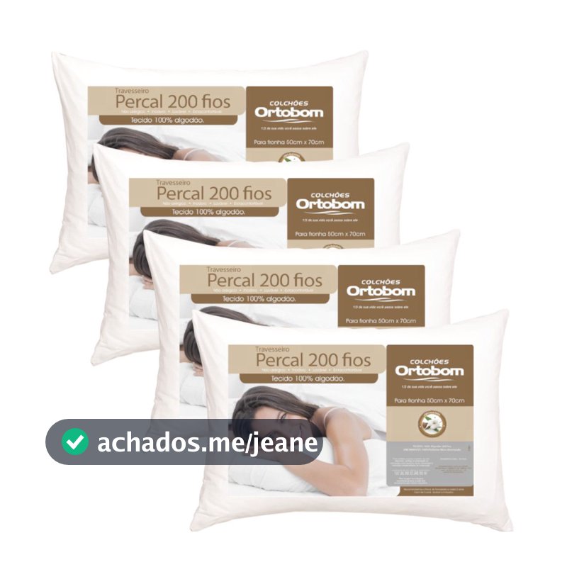 Kit Travesseiros Ortobom 200 Fios 50x70cm 100% Algodão Antialérgico Super Macio Perfil Alto