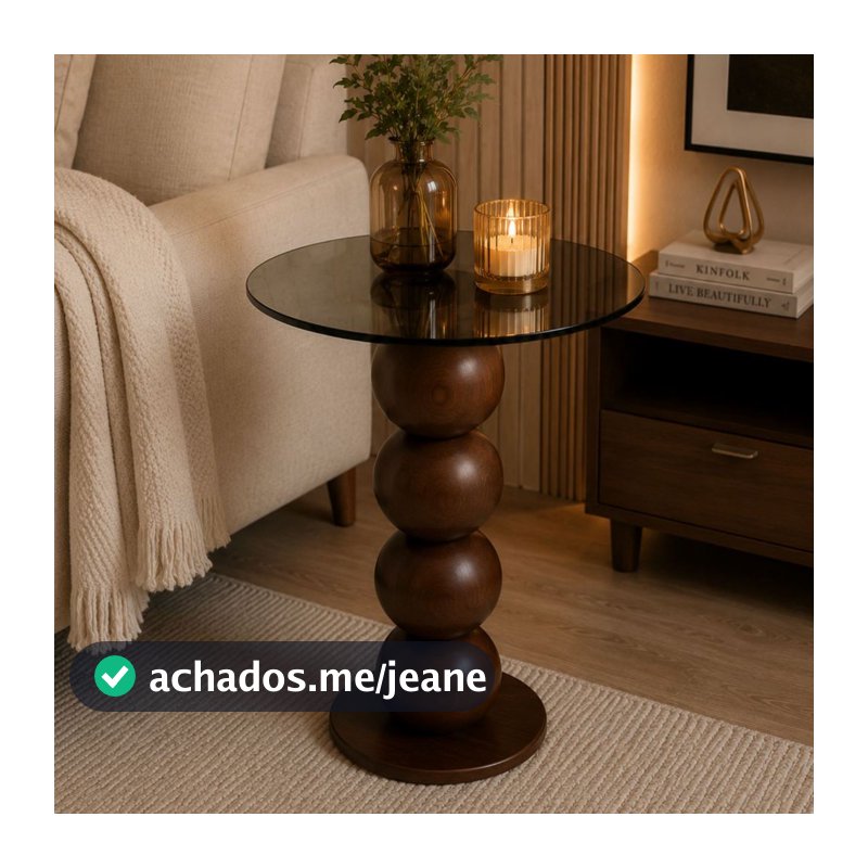Mesa Lateral Premium Moderna Base Bola em Madeira Maciça e Vidro Castanho