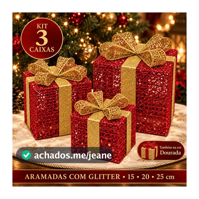 Caixa Presente Decorativa Natal Kit 3 Enfeite Árvore de Natal Glitter Vermelha Dourada Pé de Árvore
