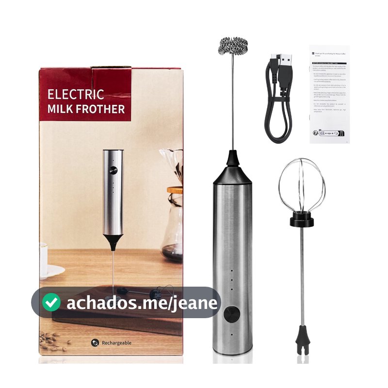 Mixer Elétrico Portátil 2-em-1 para Café/Leite/Ovos, 3 Velocidades, Bateria Recarregável, Inox