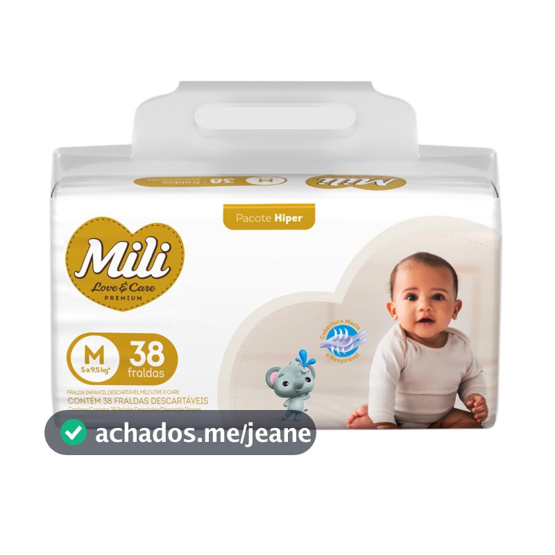 Fralda Infantil Mili Love e Care Premium Hiper Tamanho M com 38 Unidades Descartáveis