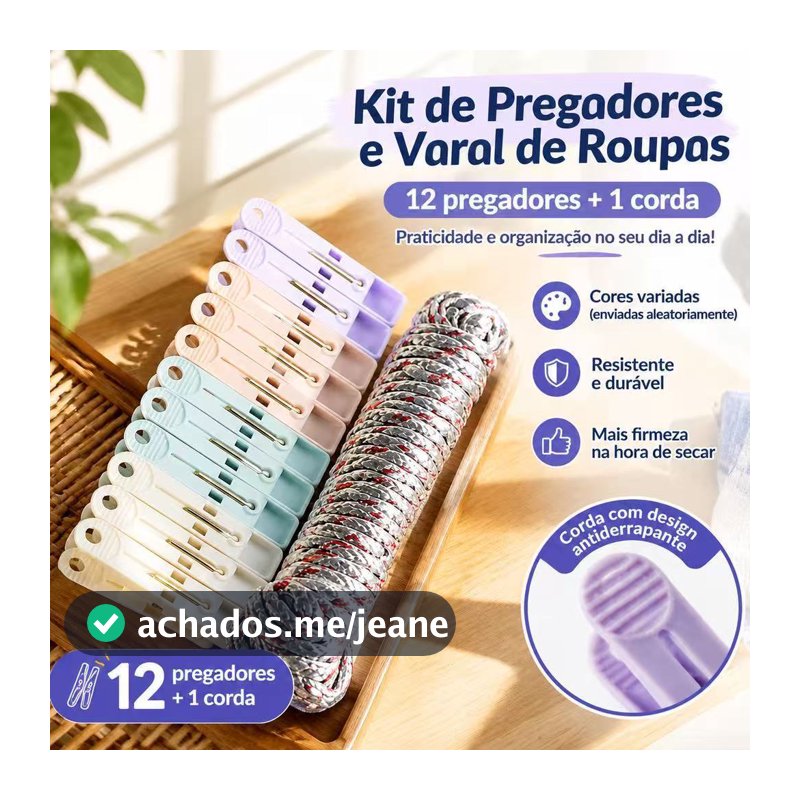 Kit Varal Portátil Corda 5m + 12 Prendedores, Antiderrapante Resistente para Casa, Viagem e Acampamento