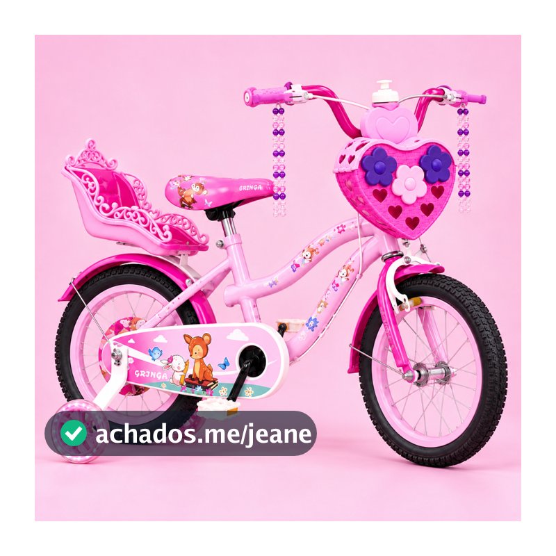 Bicicleta Infantil Menina Aro 14 rosa shock Lovers 1 LED + Baú Traseiro + Cestinha Coração + Garrafinha + Pneu