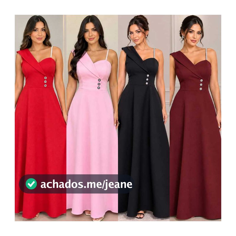 Vestido Longo Feminino, com Alça Fina, Bojo, Botão, Lastex nas costas, M-G, Tecido Alfaiataria, Modas BRENELY