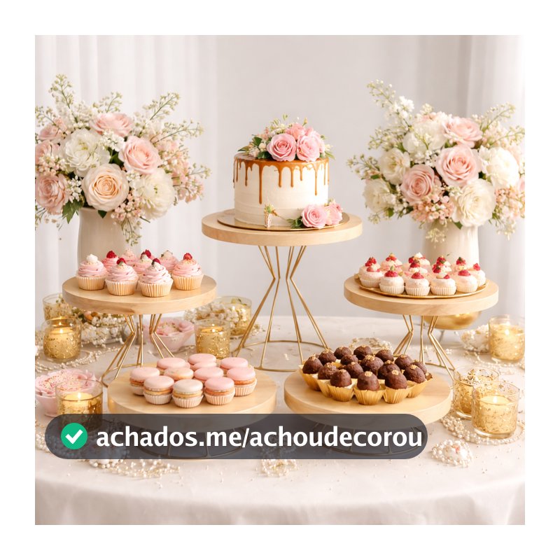 Kit Boleiras Decorativas Madeira com Base Dourada Suporte para Doces Festa Luxo Mesa Posta Aniversario