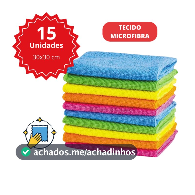 Kit 15 Pano Microfibra Limpeza 30x30cm Super Absorvente Multiuso