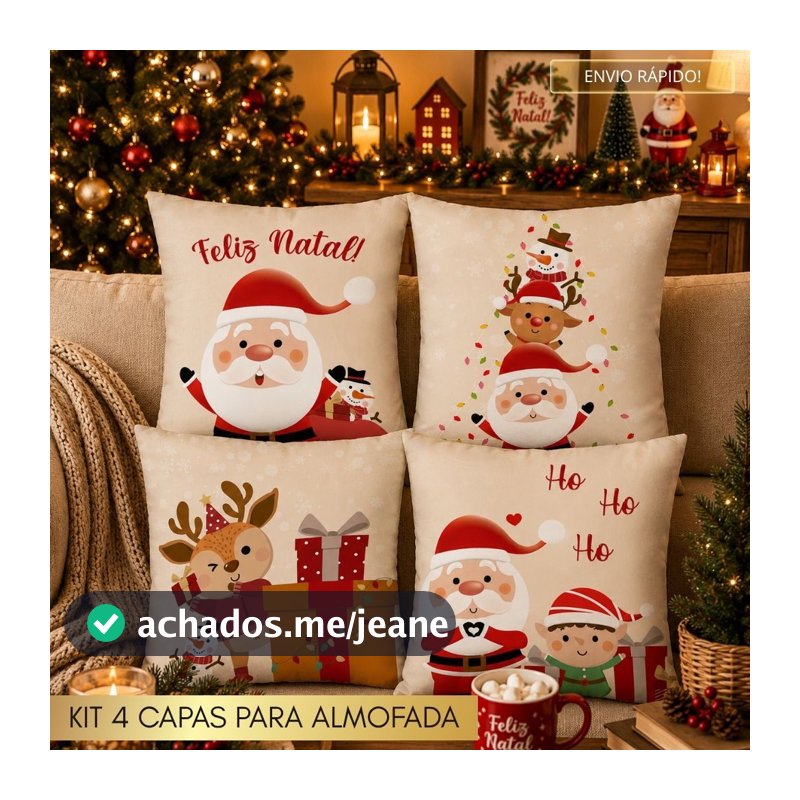 Kit com 4 Capas de Almofada Decorativas Natalinas Natal 45x45cm Papai Noel e Amigos