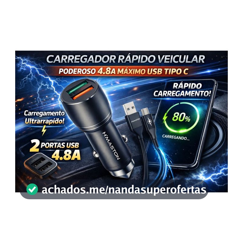 Carregador Rápido Veicular Poderoso 4.8a Máximo Usb Tipo C Preto