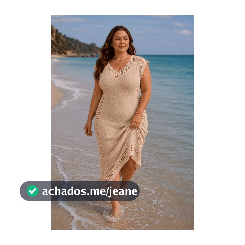 Vestido Saída de Praia Tricot Plus Size Longo Tricô Vazado Moda Praia 46 ao 52 Moda Verão Curve +