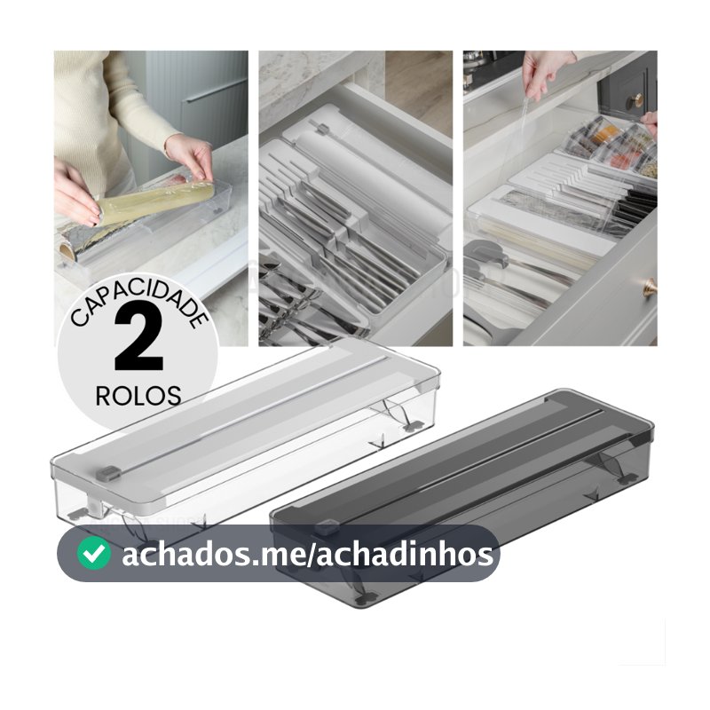 Organizador de Rolos Duplo e Cortador de Plástico Filme Papel Alumínio Manteiga Ou 37cm x 12cm
