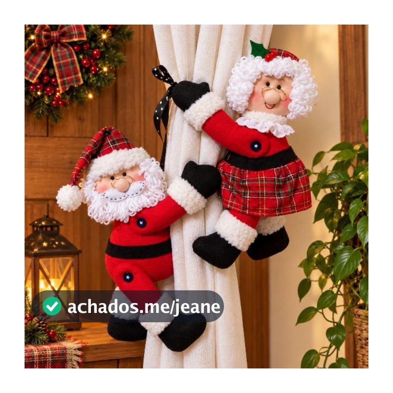 kit com 2 Prendedores de Cortina Natal Decoração Enfeite Natalino Papai Noel e Mamãe Noel