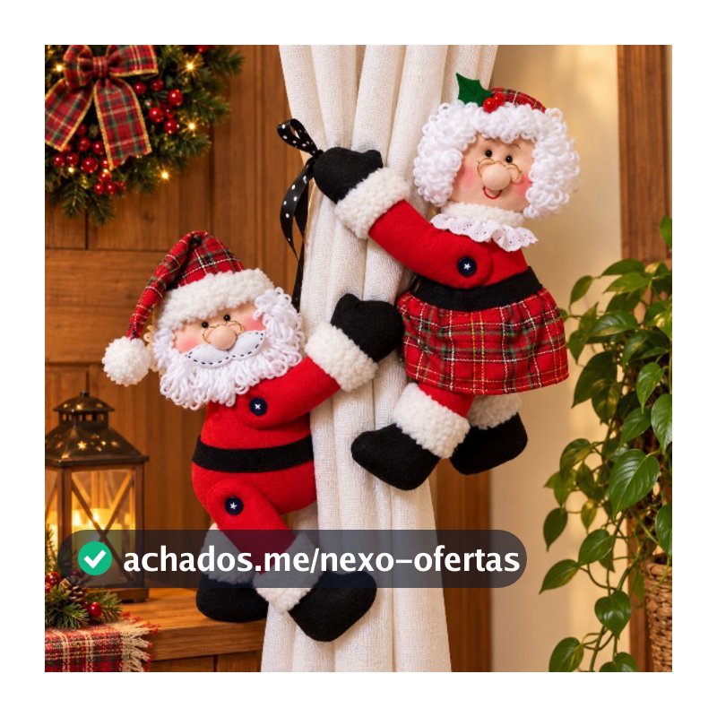 kit com 2 Prendedores de Cortina Natal Decoração Enfeite Natalino Papai Noel e Mamãe Noel