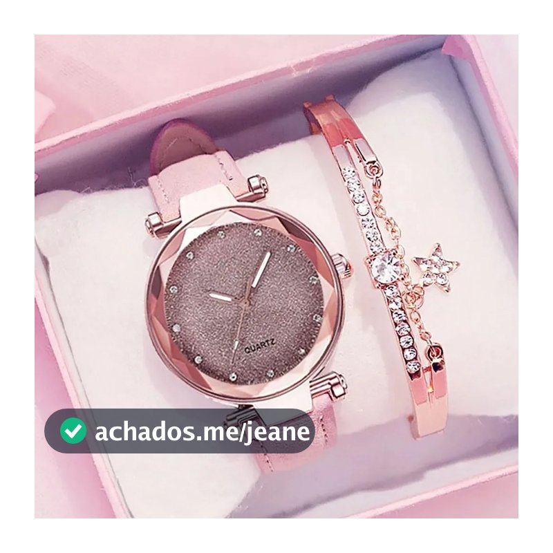 Relógio de Pulso Quartz de Couro Feminino & Pulseira Estrela