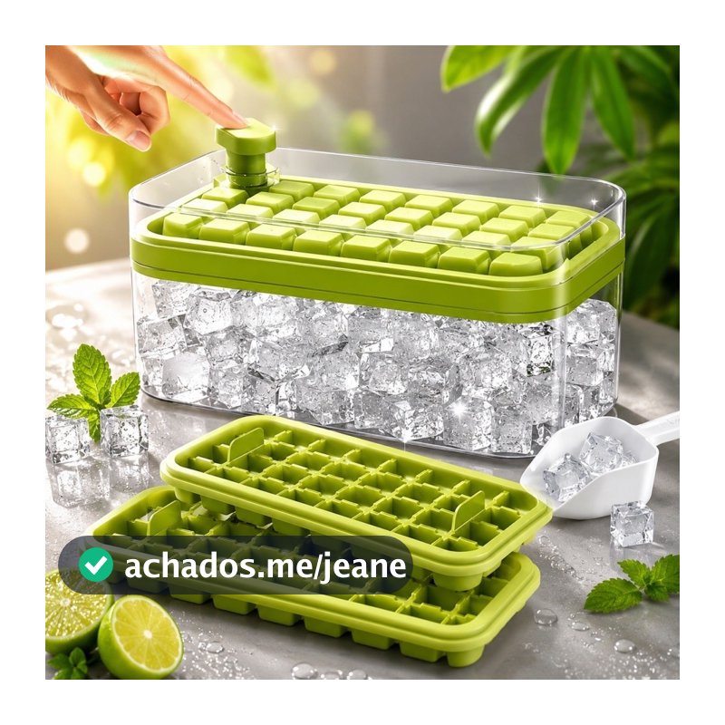 Forma de Gelo Pressão Dupla 64 Cubos | 2 Bandejas com Tampa e Caixa Armazenadora | Dispenser de Gelo para Freezer com Pá