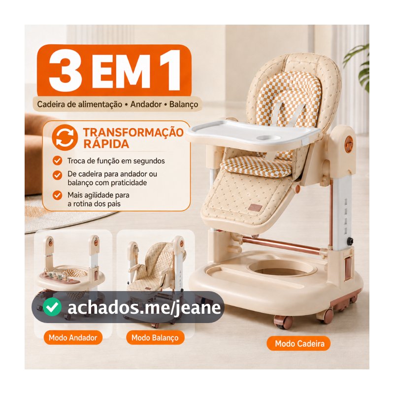 Andador 3 em 1 Multifuncional para Bebê | Andador, Cadeira de Alimentação e Balanço com Base Ampliada e Rodas 360°