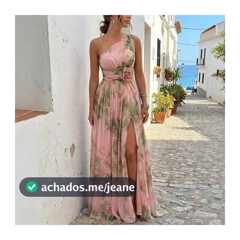 Vestido Maxi Com Estampa Floral De Um Ombro 3D Rosa Cintura Decoração Fenda Alta Chiffon Feminino Longo De Férias