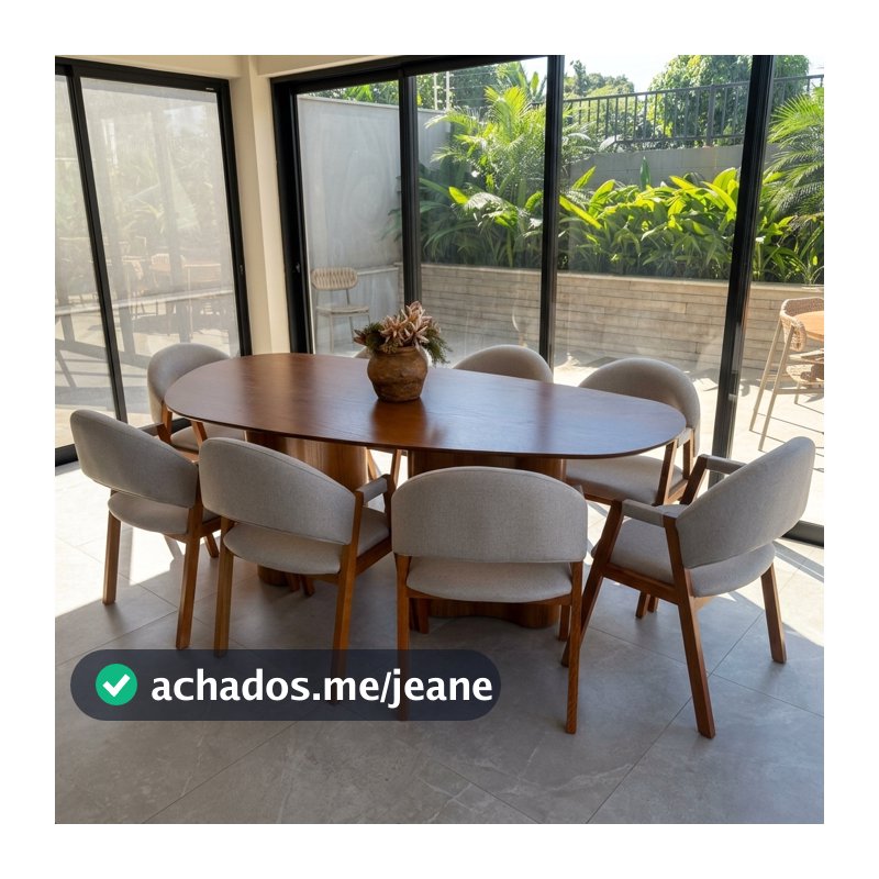 Mesa de Jantar Organica 1.80m Com Cadeiras Estofada de Madeira Tecido Linho Linha Premium