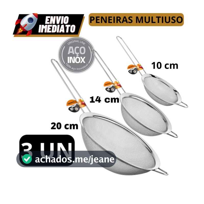 Kit 03 Peneira Coador Manual Em Aço Inox Para Cozinha 10cm 14cm 20cm