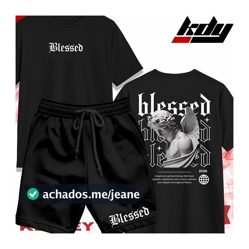 KIT Camisa Streetwear 100% Algodão e Bermuda Mauricinho Unissex Estampa ANJO BLESSED