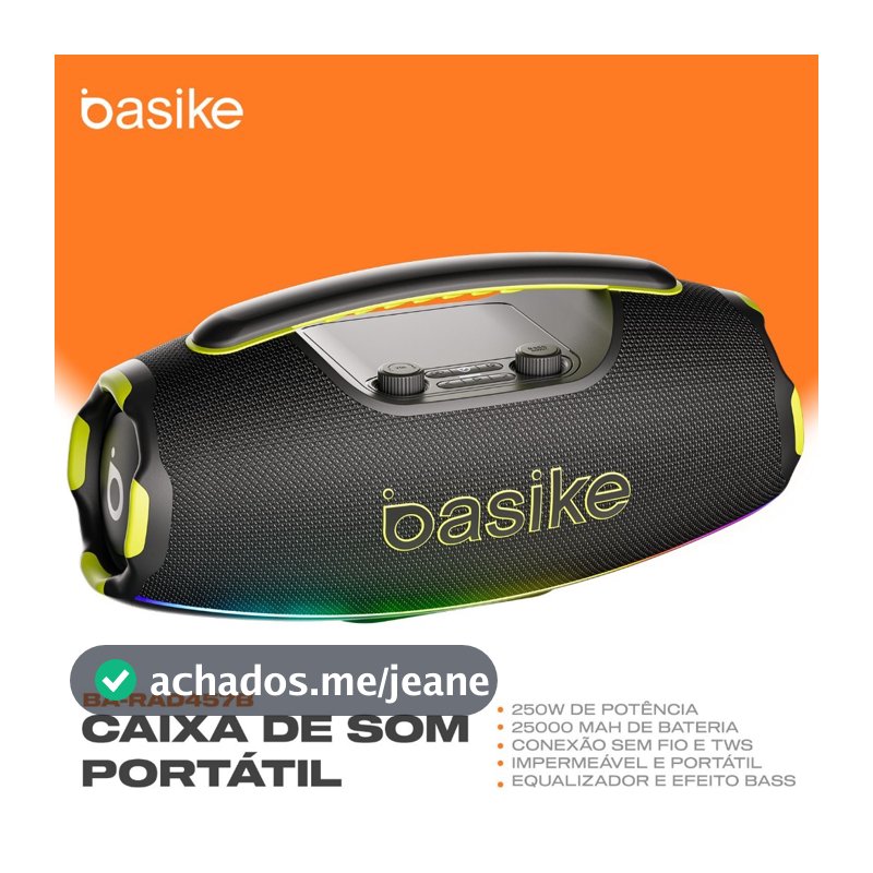 Caixa de Som Bluetooth portátil Basike RAD457B 250W Boombox Grave Forte 25000mah RGB IPX6 TWS