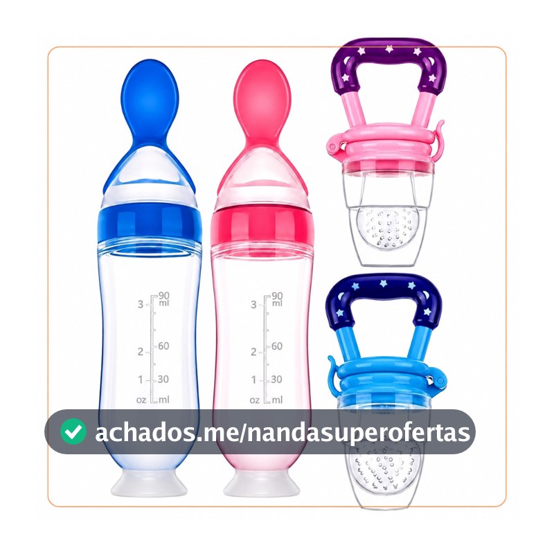 Alimentação Infantil Chupeta Mordedor Porta Frutas e Mamadeira de Silicone com Colher Dosadora Bebê