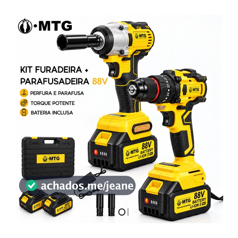 Kit 2 em 1 Furadeira de Impacto + Chave de Impacto 1/2 Brushless 88V 2 Baterias Maleta e Soquetes MTG