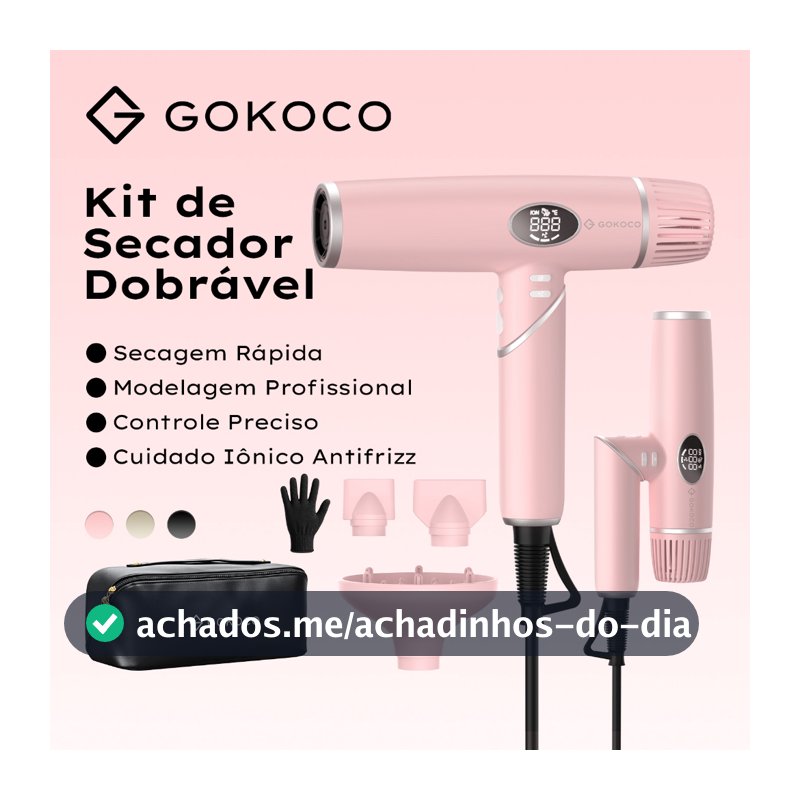 GOKOCO 3 em 1 Kit de Secador Dobravel Secagem Rapida Modelagem Profissional Cuidado Ionico Antifrizz Bivolt 110-220V